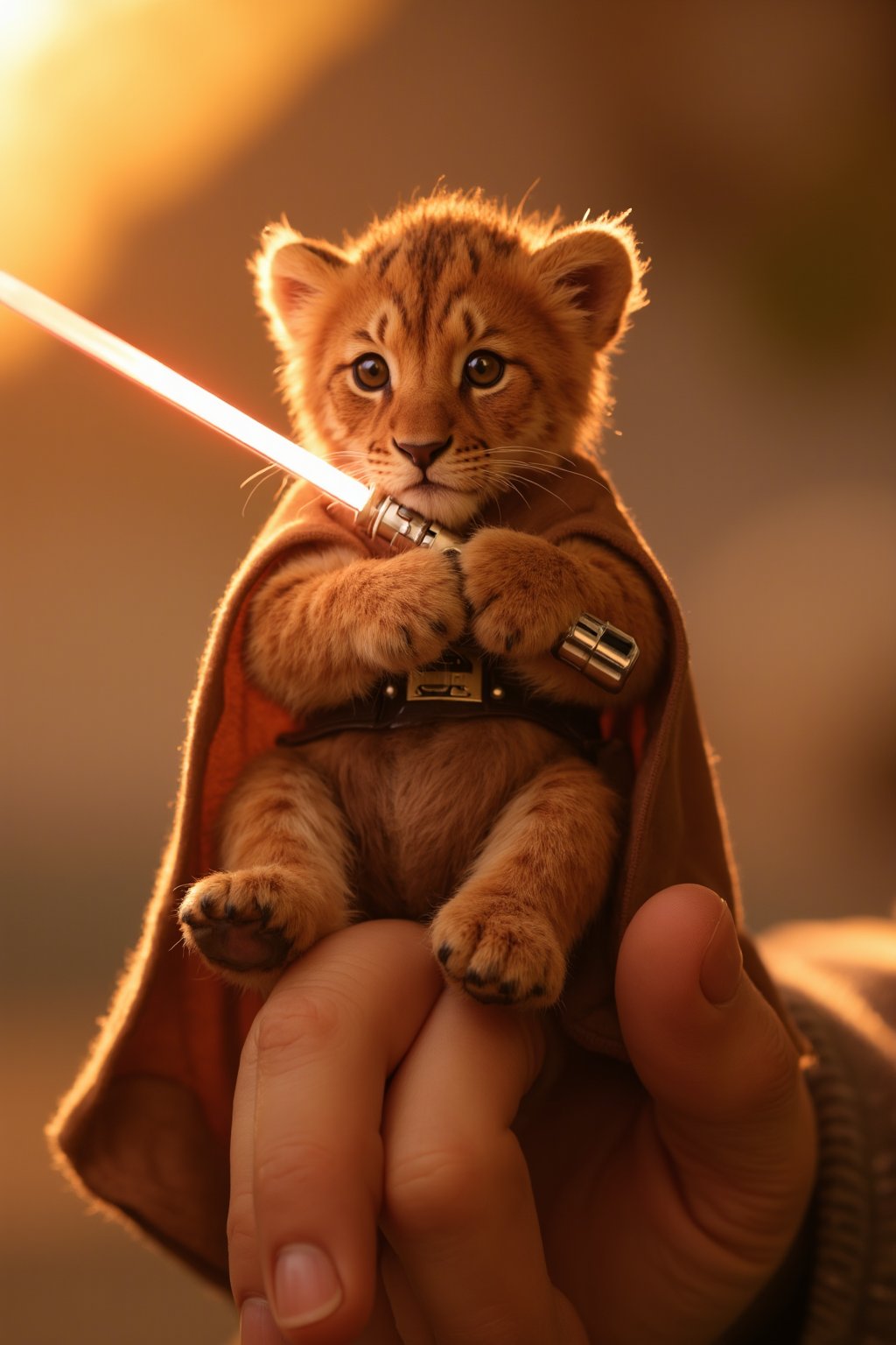 In a warm, golden lighting, a photorealistic, 16k-resolution micro-tiny baby lion sits proudly atop a human finger. Wearing a miniature Obi-Wan Kenobi costume, the cub's tiny paws grasp a glowing lightsaber, its LED blade pulsing with an otherworldly intensity. Framed by a shallow depth of field, the subject is centered in the composition, drawing attention to its adorable, larger-than-life persona.