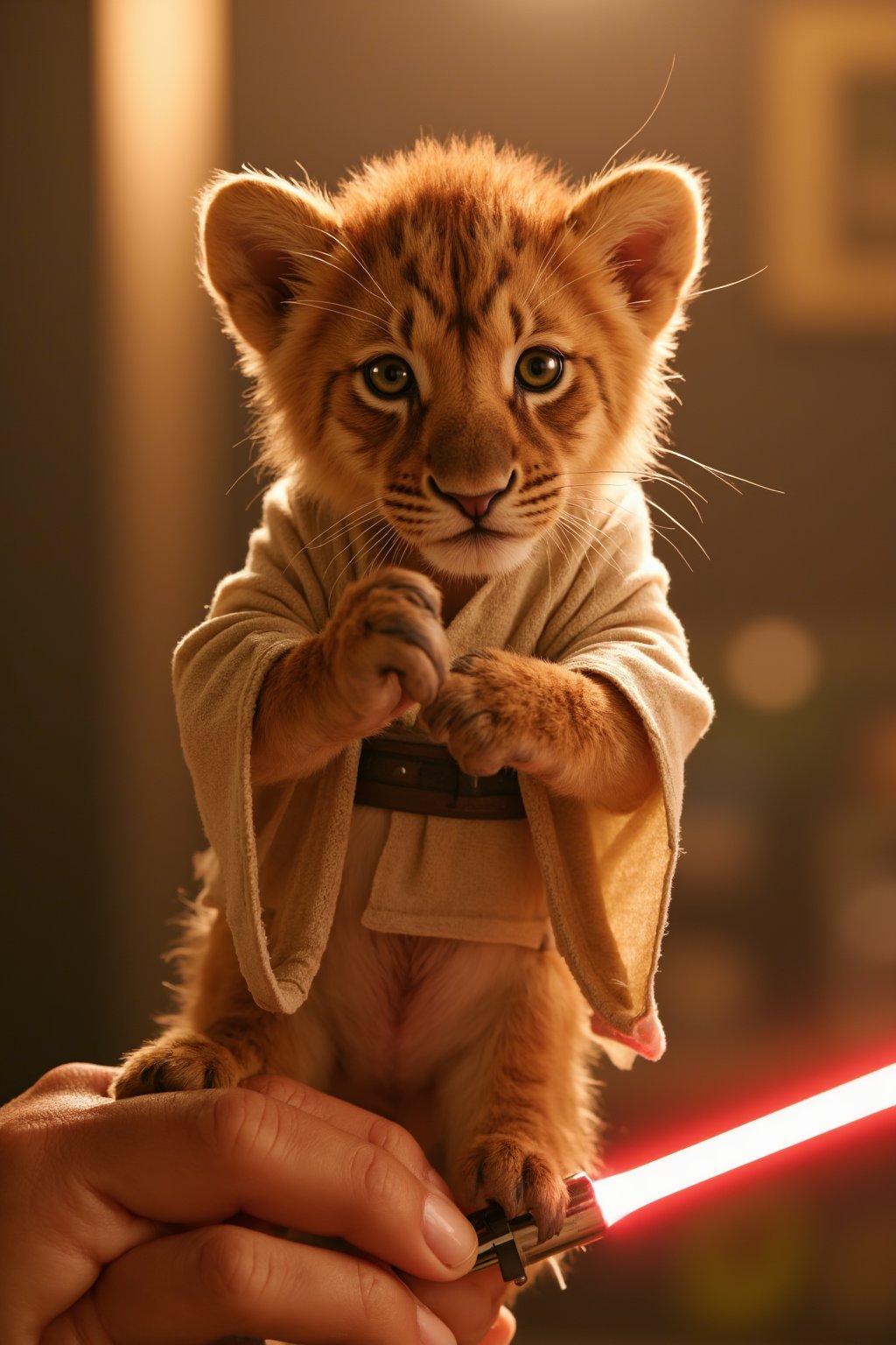 In a warm, golden lighting, a photorealistic, 16k-resolution micro-tiny baby lion sits proudly atop a human finger. Wearing a miniature Obi-Wan Kenobi costume, the cub's tiny paws grasp a glowing lightsaber, its LED blade pulsing with an otherworldly intensity. Framed by a shallow depth of field, the subject is centered in the composition, drawing attention to its adorable, larger-than-life persona.