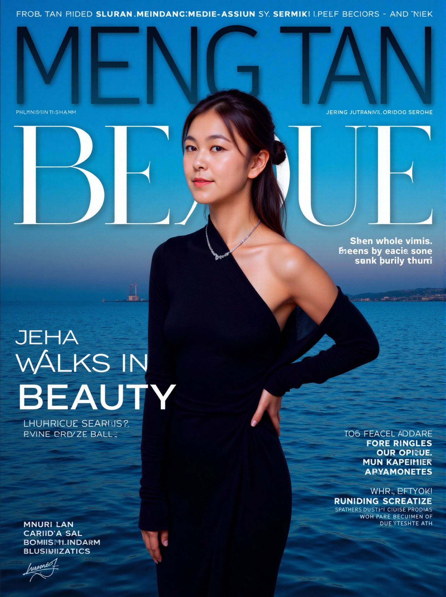 A striking magazine cover featuring a confident woman standing before a serene body of water, the dark blue background accentuated by bold white typography: MENG TAN at the top and SHE and WALKS IN BEAUTY below. She wears a sleek black dress, adorned with jewelry, her ponytailed hair pulled back as she gazes to the right, a subtle smile playing on her lips.
