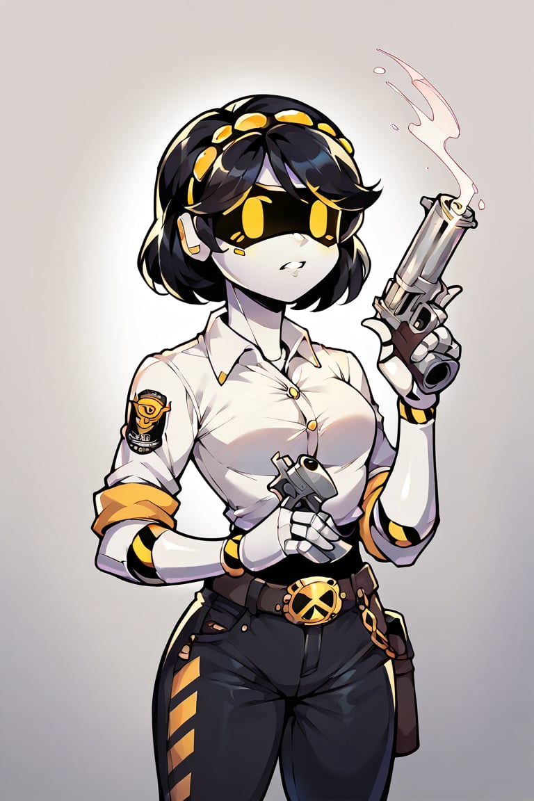 2D, score_9, score_8_up, score_7_up, BREAK, 1girl, solo,sdV, black Hair, Yellow Eyes, Robot, Visor, holding 0.44 magnum revolver, shirt, pants