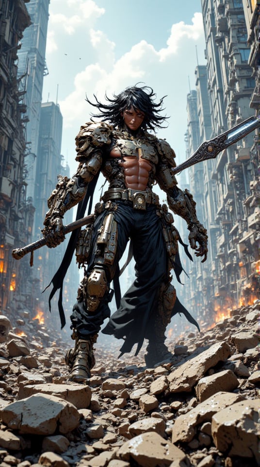 In a ravaged metropolis, where steel giants lie shattered, a post-apocalyptic warrior emerges. Mythp0rt's messy long blur  locks with black undertones whip in the wind as they stand victorious, rugged tactical gear adorning their torso, armored shoulder pads reinforced by scrap metal and scavenged tech. In hand, a massive GLAM SWORD glows with energy, illuminating the desolate landscape overrun by nature. Shadows of crumbling skyscrapers stretch across the abstract background, fading into the distance like the memories of a forgotten world. (8K High Resolution)