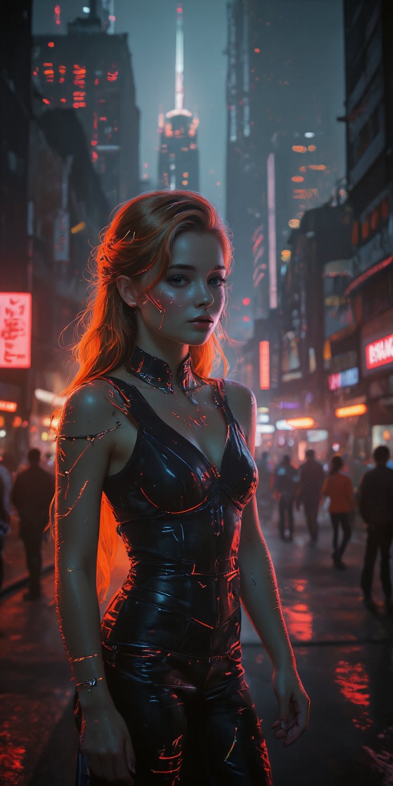 In this cinematic shot, a female cyber worker stands confidently, her cybernetic suit glistening under neon-lit alleyways. Her face is obscured by a gas mask, cyber goggles, and headgear, exuding an air of mystery. A mechanical arm extends from her shoulder, surrounded by high-tech machinery. In the background, towering skyscrapers pierce the dark dystopian sky, while pollution hovers heavy in the atmosphere. A holographic display on her wrist showcases her augmented reality overlay, revealing her role as a secret worker in this cyberpunk metropolis. The sharp focus and dramatic lighting emphasize the gritty, technological landscape, capturing the intensity of her determination to succeed.