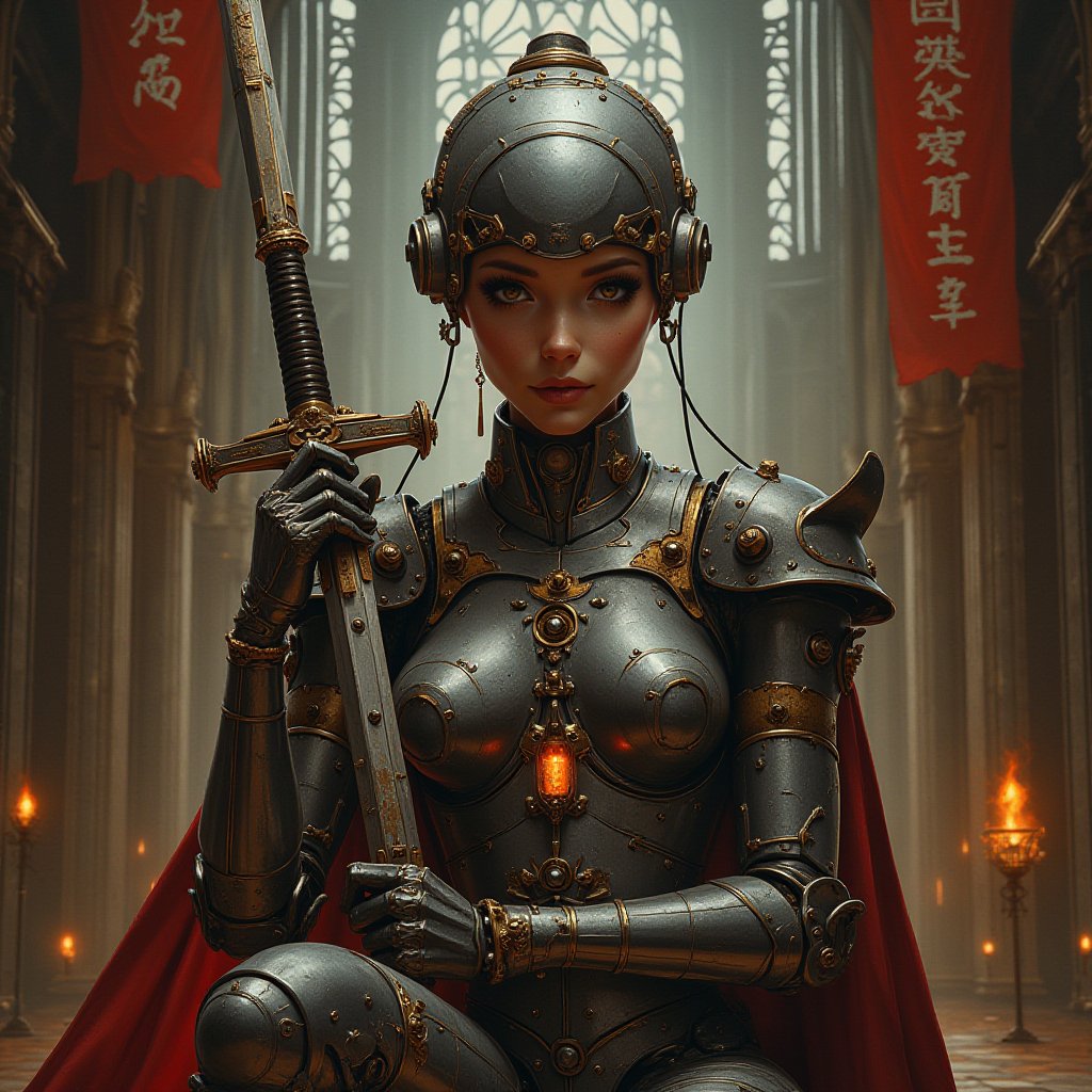 A masterpiece of Mannerist artistry, this painting captures the essence of a dazzling (Asian woman:0.5), resplendent in her stainless steel steampunk exoskeleton equipped with knobs, meters, and vacuum lamps. Set against the majestic backdrop of a medieval cathedral, she sits poised with a grand two-handed sword, its intricate details gleaming in the high-angle lighting. Medieval banners are suspended behind her like wispy clouds, while the chiaroscuro technique casts an aura of mystique around her figure, as if bathed in the warm glow of a neon lamp. Achieve a unique visual style with elements of hyperrealism, eroticism, and science fiction. Extreme level of detail and realism, high-quality rendering of surfaces like metal and skin, reflective surfaces, such as chrome and polished metal, and seamless gradients. Futuristic settings and themes inspired by classic pin-up art, fantasy, and fetishism, moods of enslavement and domination. Highly detailed.,ct-skyzo_identity,SamYoung_Illustration