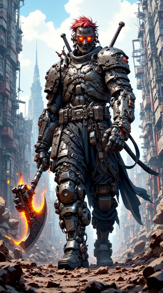 mythp0rt, anime, 3D, BREAK, post-apocalyptic warrior, messy red hair with black undertones, rugged tactical gear, armored shoulder pads, body reinforced with scrap metal and scavenged tech, wielding a massive axe glowing with energy, abstract background of a desolate urban landscape overrun by nature, shadows of crumbling skyscrapers in the distance, (8K High Resolution), (Ultra High Resolution 3840 x 2160), (Ultimate Subjective), (12K Ultra High Resolution Wallpaper 8k)