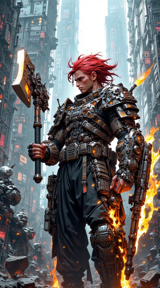 In a ravaged metropolis, where steel giants lie shattered, a post-apocalyptic warrior emerges. Mythp0rt's messy red locks with black undertones whip in the wind as they stand victorious, rugged tactical gear adorning their torso, armored shoulder pads reinforced by scrap metal and scavenged tech. In hand, a massive axe glows with energy, illuminating the desolate landscape overrun by nature. Shadows of crumbling skyscrapers stretch across the abstract background, fading into the distance like the memories of a forgotten world. (8K High Resolution)