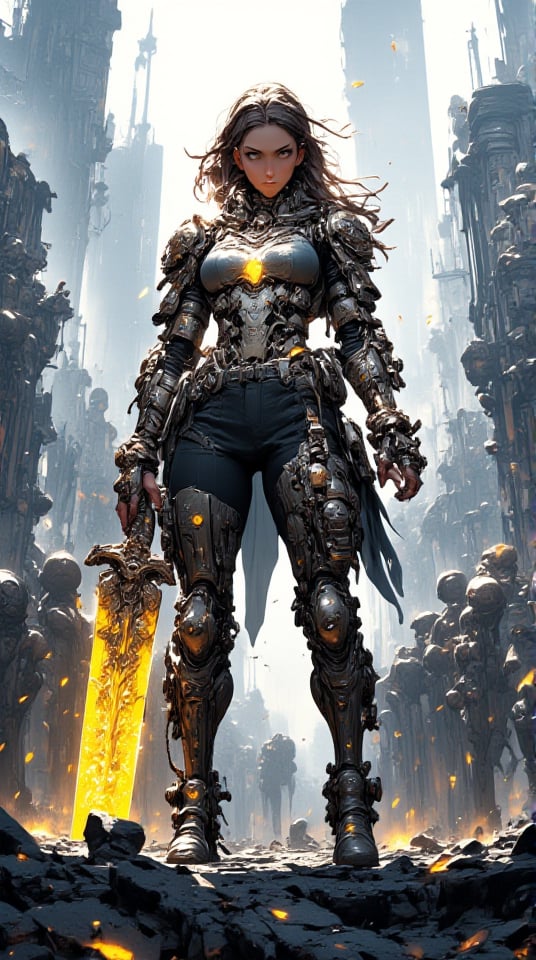 In a ravaged metropolis, where steel giants lie shattered, a post-apocalyptic warrior emerges. Mythp0rt's messy long blur  locks with black undertones whip in the wind as they stand victorious, rugged tactical gear adorning their torso, armored shoulder pads reinforced by scrap metal and scavenged tech. In hand, a massive GLAM SWORD glows with energy, illuminating the desolate landscape overrun by nature. Shadows of crumbling skyscrapers stretch across the abstract background, fading into the distance like the memories of a forgotten world. (8K High Resolution)