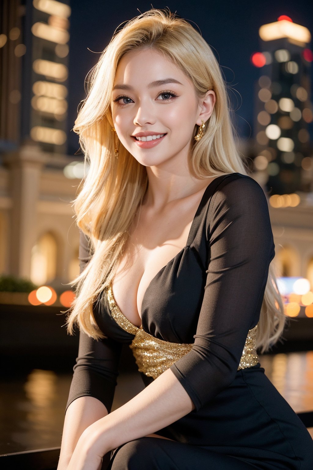 1girl, beautiful young woman, smiling, blonde, upper body, (in black dress with gold inserts), night, park, realistic