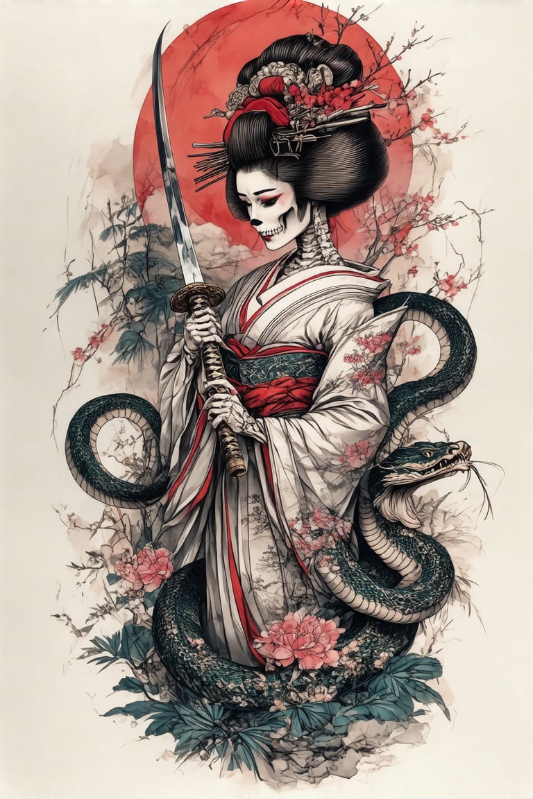 A colorized tattoo art style image of a skeleton geisha holding a sword, with a majestic snake coiling around her. The geisha is intricately detailed with traditional kimono patterns and a serene expression, despite her skeletal form. The snake is vibrant, with detailed scales and a fierce gaze. The composition is dynamic, with the geisha's flowing kimono and the snake's sinuous body creating a sense of movement. The lighting is dramatic, highlighting the contrast between the geisha's elegance and the snake's power. The subject's body is tensed, showcasing the bold and detailed tattoo.