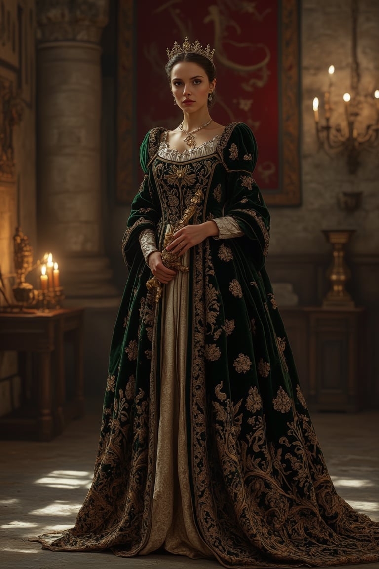 A medieval princess, standing regally in a grand castle hall, wearing a flowing velvet gown with intricate gold embroidery. The room is illuminated by the warm glow of torchlight, casting long shadows on the stone walls. The princess holds a scepter in one hand, her posture confident and composed. The composition is centered, with the princess as the focal point, surrounded by ornate tapestries and ancient artifacts.