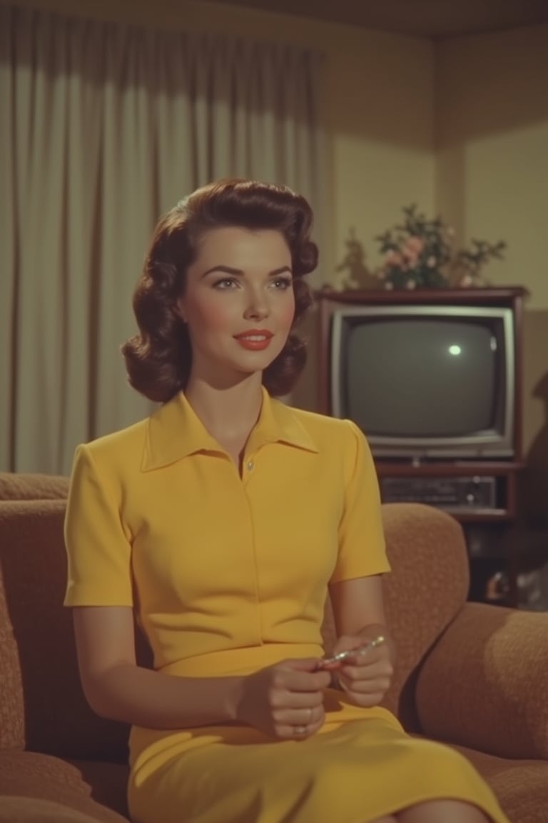 1950s Panavision screengrab of a pretty lady, mid-shot, soft golden lighting, lady in a vintage dress, sitting on a couch, watching TV, retro living room setting, detailed set design, sepia tones, cinematic composition, focus on facial expression, subtle smile, nostalgic atmosphere, classic TV set in the background.