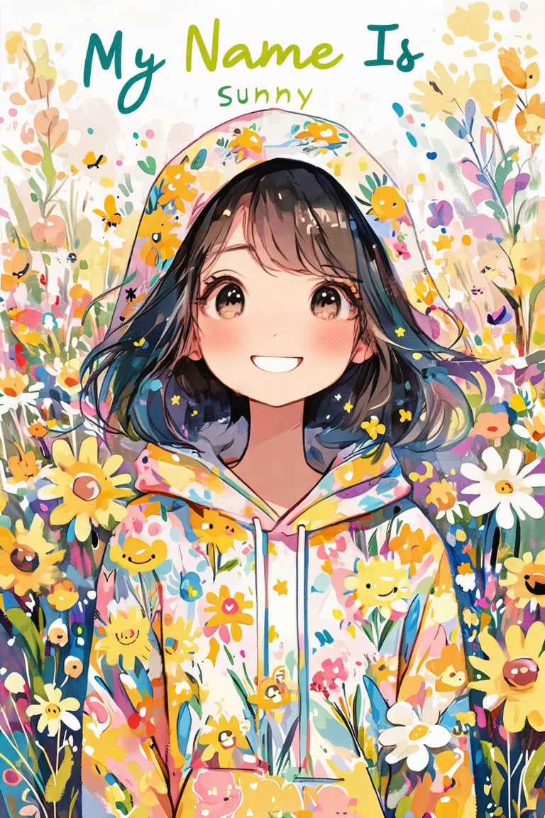 My Name Is Sunny text and 🌼 emoji installation in doodle art style, featuring a cute girl wearing a flower hoodie. The scene is vibrant with playful, bright lighting. The composition centers on the girl's joyful expression and floral attire, set against a whimsical, hand-drawn background. The overall atmosphere is lively and engaging, perfect for a text and emoji installation.