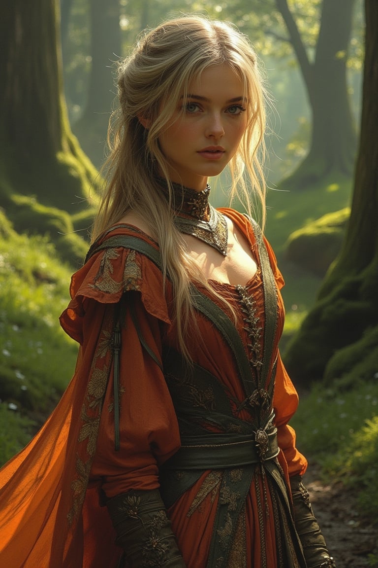 A woman stands elegantly in a flowing, medieval-style dress, her attire adorned with intricate patterns and vibrant colors. The dress billows gently in the breeze, revealing its layered design and delicate fabric. The scene is set in a lush, enchanted forest, with sunlight filtering through the trees, casting a warm glow on the woman's serene expression. The composition frames her in a graceful, poised pose, highlighting the beauty and craftsmanship of her attire.