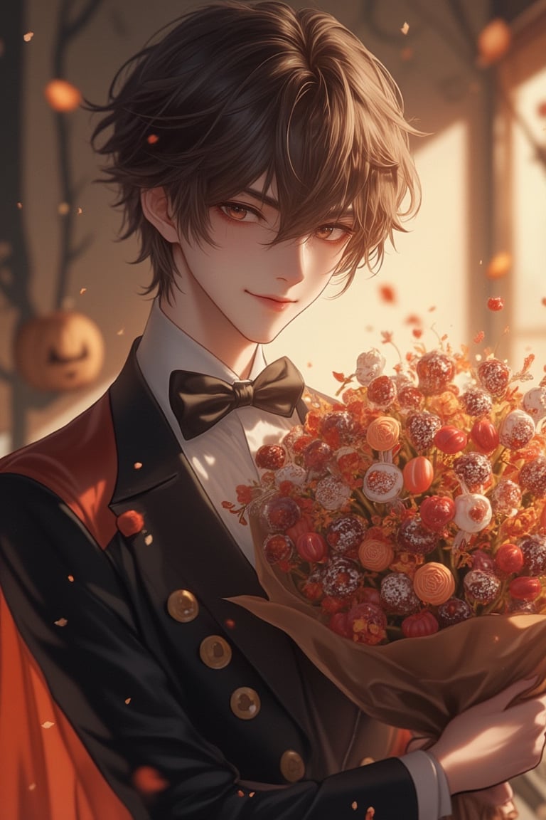 Anime style, exquisite male character in Halloween costume, holding a sweet candy bouquet, charming smile, medium shot, detailed facial features, expressive eyes, festive Halloween decorations, soft ambient lighting, focus on the character's playful and delightful presence, intricate details in the costume and candy bouquet, slight tilt of the head, emphasis on the joyful and festive atmosphere.