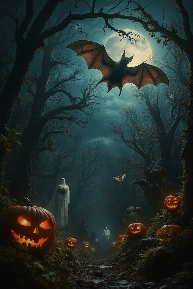 A grotesque fairytale scene set on Halloween night, featuring a flying bat. The bat is mid-flight, with a wide-angle shot capturing its eerie silhouette against a dark, moonlit sky. The scene is illuminated by a mix of dim and dramatic lighting, casting spooky shadows. The composition is surreal, with jack-o'-lanterns and ghostly apparitions in the background. The location is a haunted forest, blending the whimsical with the macabre.