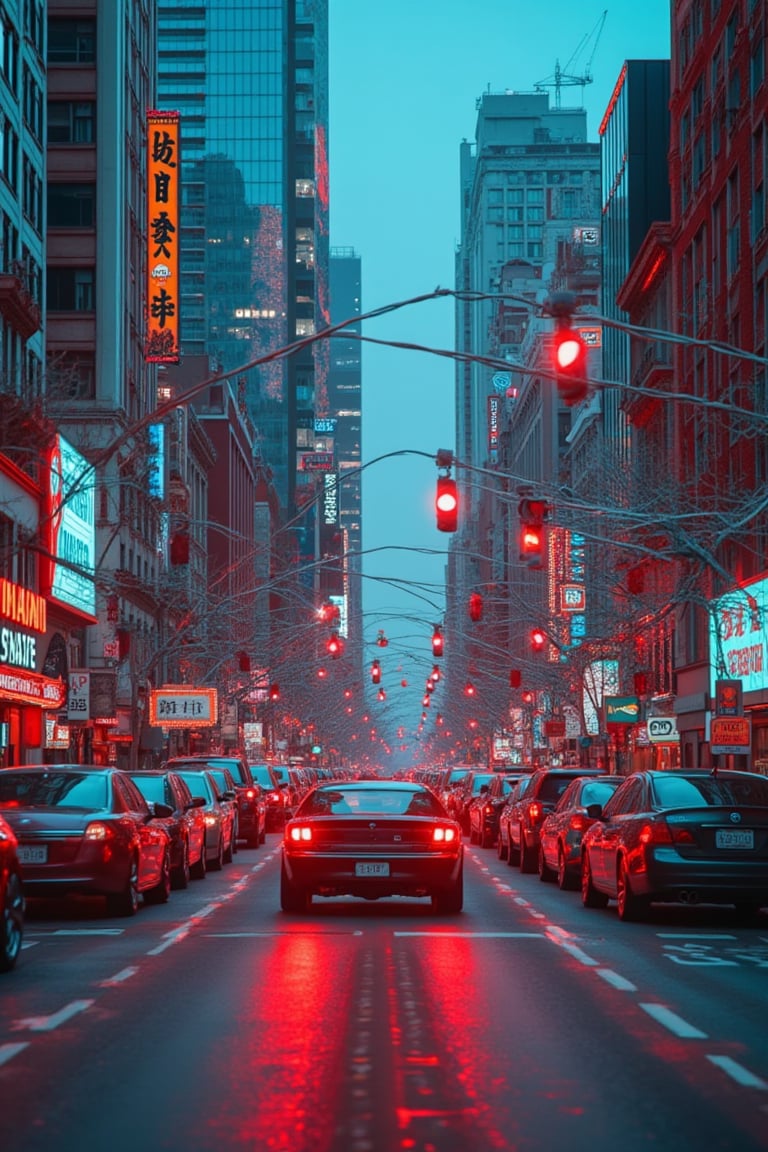 Anaglyph effect, a cityscape, bustling road, moving car, 3D glasses, hyper-realistic, detailed urban environment, twilight lighting, wide-angle shot, dynamic composition, traffic lights, neon signs, depth perception, vibrant colors, high contrast, sharp focus, modern aesthetic, futuristic vibe, surreal atmosphere, digital art.