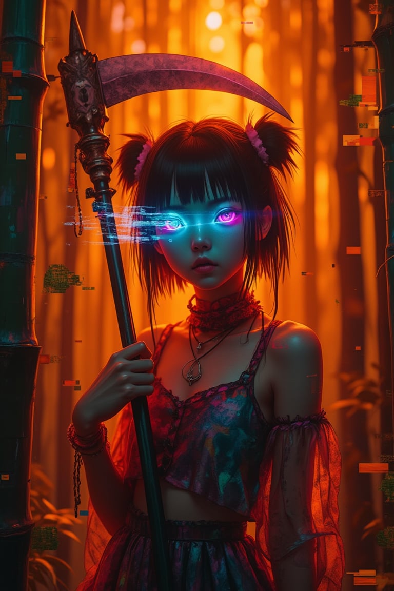 A harajuku girl with glitch art effects distorting her appearance, holding a scythe as a weapon, standing in a bamboo forest illuminated by an orange glow. The scene is framed with a mid-shot, capturing her vibrant, eclectic outfit and the serene forest behind her. The lighting is a warm orange, casting a surreal glow on her face and the surrounding bamboo. Her pose is dramatic, with one hand gripping the scythe and the other raised, surrounded by digital artifacts and pixelated distortions.