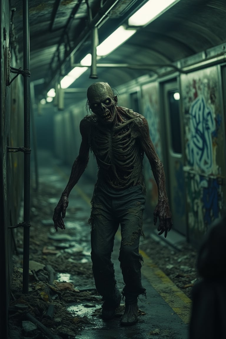 A half-medium shot of a zombie on a ruined subway train, its interior littered with debris and graffiti. The zombie, with torn clothing and exposed bones, stands amidst the chaos, its expression vacant and menacing. The lighting is dim, with flickering fluorescent lights casting eerie shadows. The composition captures the zombie from the waist up, emphasizing its decayed state and the disarray of the train, creating a sense of desolation and danger.