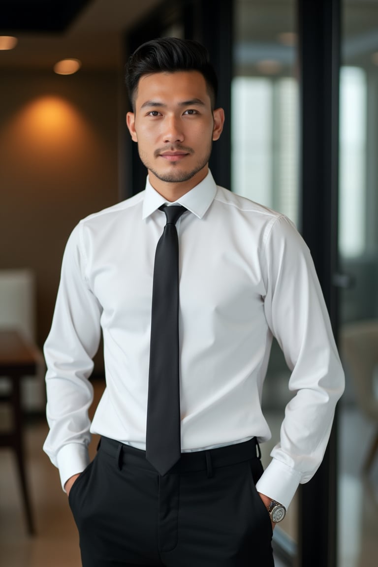 A handsome Malay man with a nice hairstyle stands in an office setting, wearing a crisp white office shirt, black pants, and a necktie. He exudes confidence and professionalism, his attire perfectly tailored for a business environment. The office backdrop features modern decor and subtle lighting, enhancing the polished look of his ensemble. His poised demeanor and sharp attire make him a striking figure in the corporate setting.