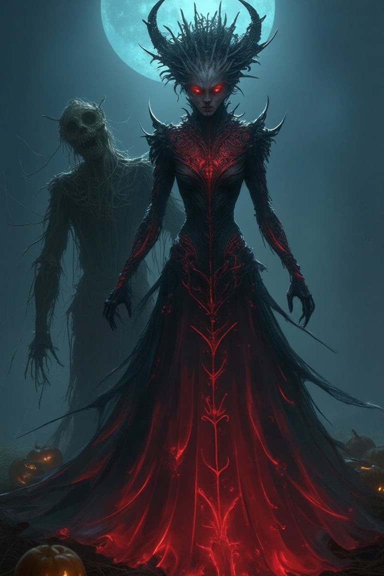 A macabre Halloween scene featuring a demonic woman in a glowing dress, standing in a dark, foggy field with a scarecrow. The woman's dress is a mix of deep red and black, with intricate patterns that seem to move and shift. She has sharp, menacing features, with glowing red eyes and dark, twisted horns. The scarecrow is old and decrepit, with tattered clothes and a twisted, sinister expression. The composition is centered on the woman, with the scarecrow slightly off to the side, creating a haunting atmosphere. The lighting is dim, with the glow from her dress providing the only source of light, casting long, ominous shadows. The background features Halloween decorations, including jack-o'-lanterns and cobwebs.