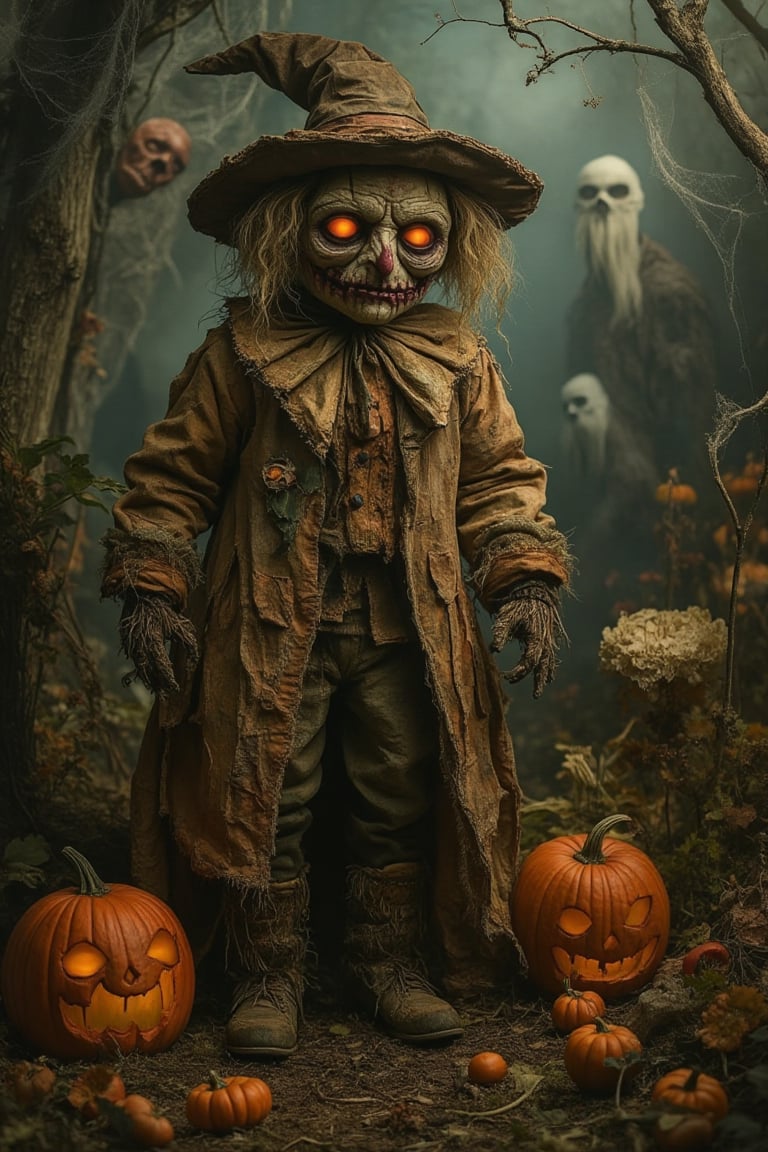 A grotesque fairytale scene featuring a scarecrow in a Halloween setting. The scarecrow is dressed in tattered clothing, with a sinister expression and eerie, glowing eyes. The scene is framed in a medium shot, with a mix of dim and moody lighting, casting spooky shadows. The composition is unsettling, with jack-o'-lanterns, cobwebs, and ghostly apparitions in the background. The location is a haunted field, blending the whimsical with the macabre.