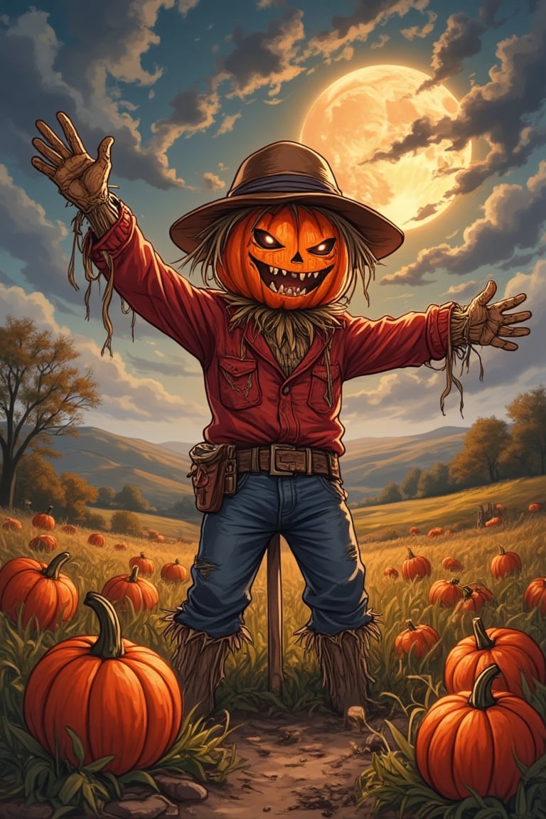 vibrant Konami art style illustration of a scarecrow standing amidst a field of pumpkins, celebrating Halloween. The scarecrow wears a tattered hat and old clothes, with a pumpkin head featuring a mischievous grin. The scene is set in a rural landscape, with a full moon casting an eerie glow over the field. The scarecrow is animated, with one arm raised in a playful wave. Soft, warm lighting highlights the scarecrow's rustic details and the festive atmosphere. The composition is dynamic, with the scarecrow slightly off-center, capturing the charm and spookiness of Halloween.