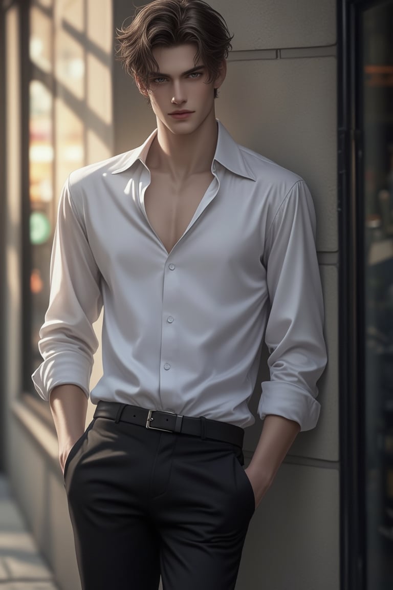 Anime style, exquisite male character, full body shot, wearing an office shirt and black pants, leaning casually against a wall, detailed facial features, expressive eyes, urban setting, soft ambient lighting, relaxed posture, focus on the character's stylish and confident demeanor, slight tilt of the head, emphasis on the clean lines and polished appearance.