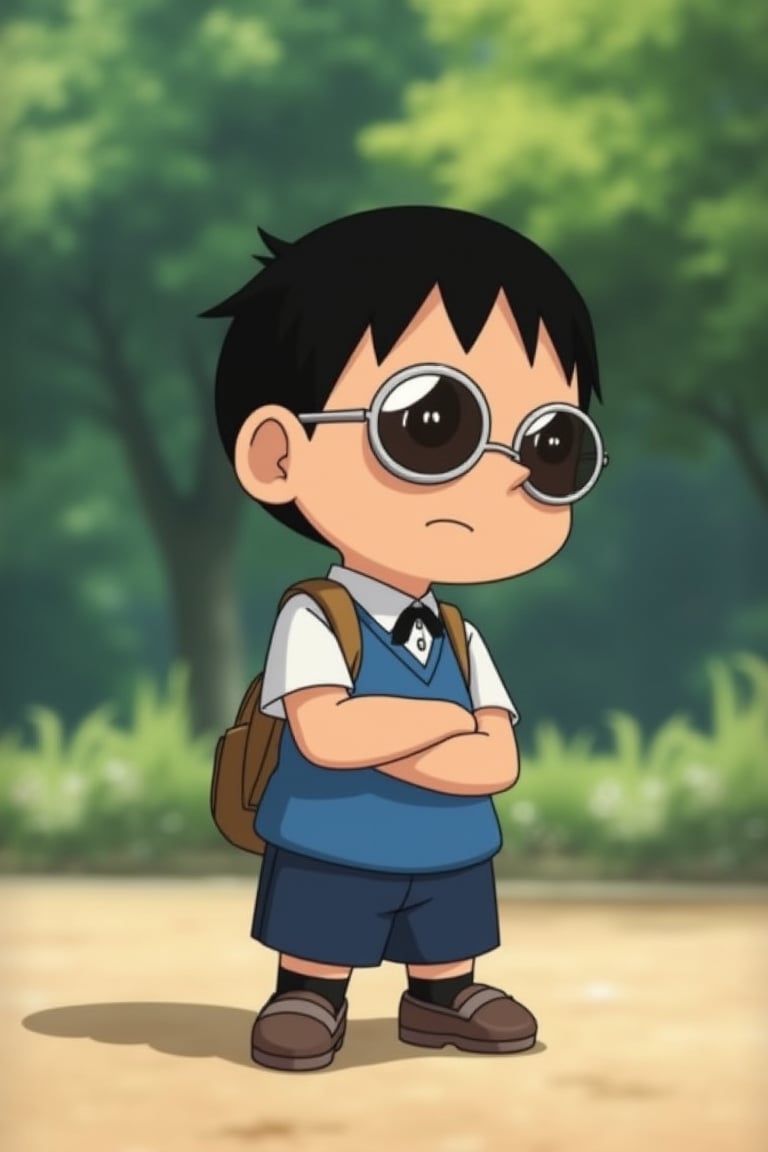 Nobita from Doraemon wearing round-shaped sunglasses, standing with a playful and curious expression, the shot framed from the waist up, soft natural lighting, the composition centered on Nobita with the sunglasses reflecting a serene park background, the outfit blending his school uniform with a modern twist, creating a fun and nostalgic atmosphere.