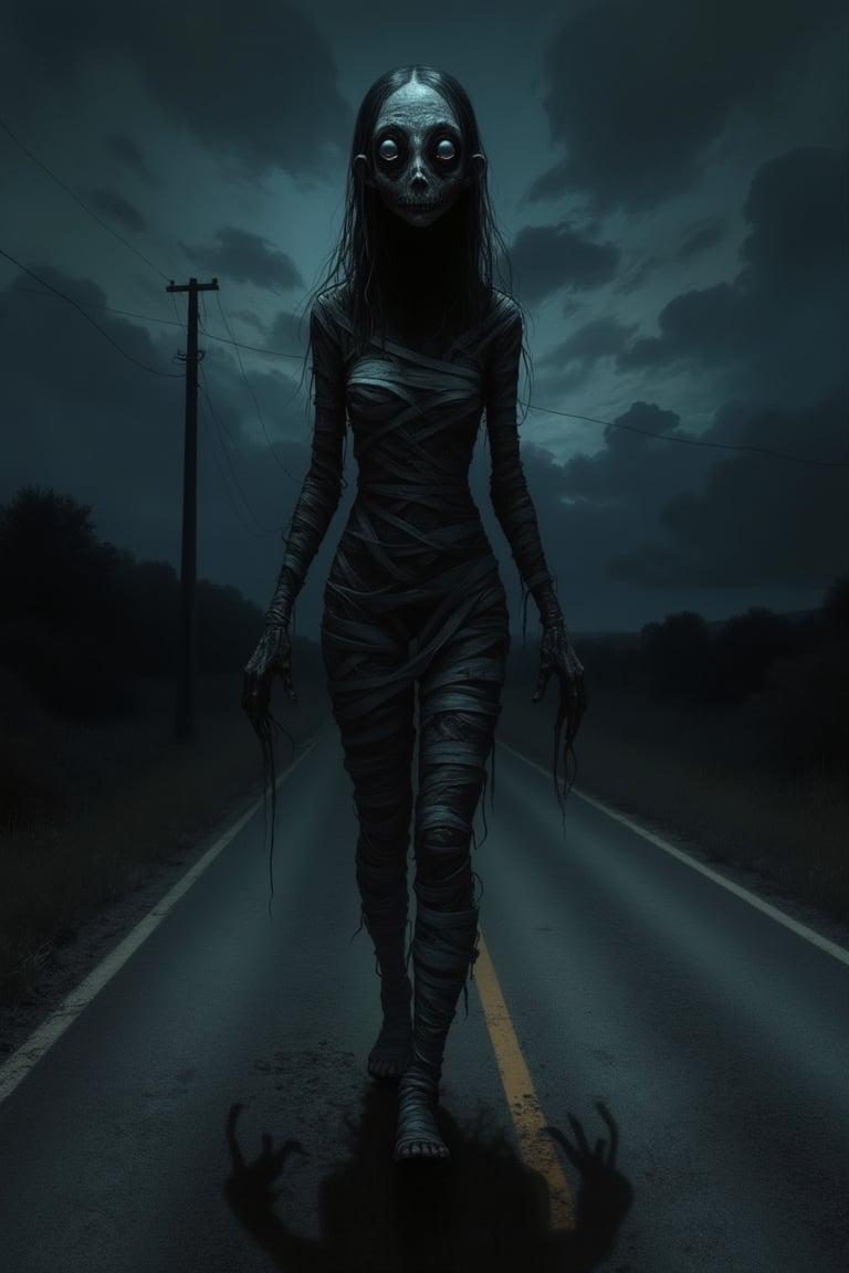 A Junji Ito-inspired scene of a woman transformed into a horror eerie mummy, walking in a weirdly stiff manner down a deserted road at night. Her bandaged form is tattered and grotesque, eyes hollow and unsettling. The lighting is dim, casting long, eerie shadows that emphasize her unnatural movements. The composition is balanced, with the mummy in the foreground and the dark, empty road stretching into the distance, creating a sense of foreboding. The night sky is filled with ominous clouds, adding to the unsettling atmosphere.