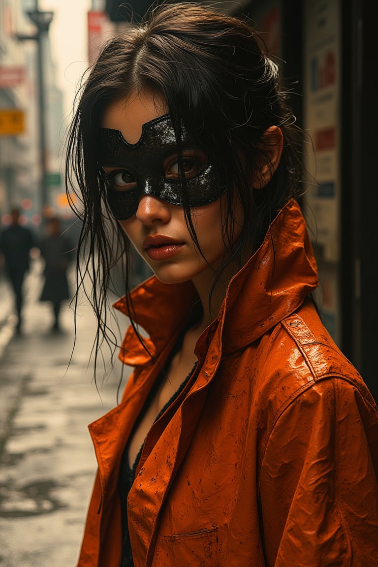 Yoji Shinkawa art style, a woman in an orange cloth, long jacket, and wearing a masquerade mask, intricate ink lines and metallic textures, dramatic shadows, woman with an enigmatic expression, street with urban elements, soft ambient lighting, mid-shot capturing her and the mask, atmospheric and moody composition.