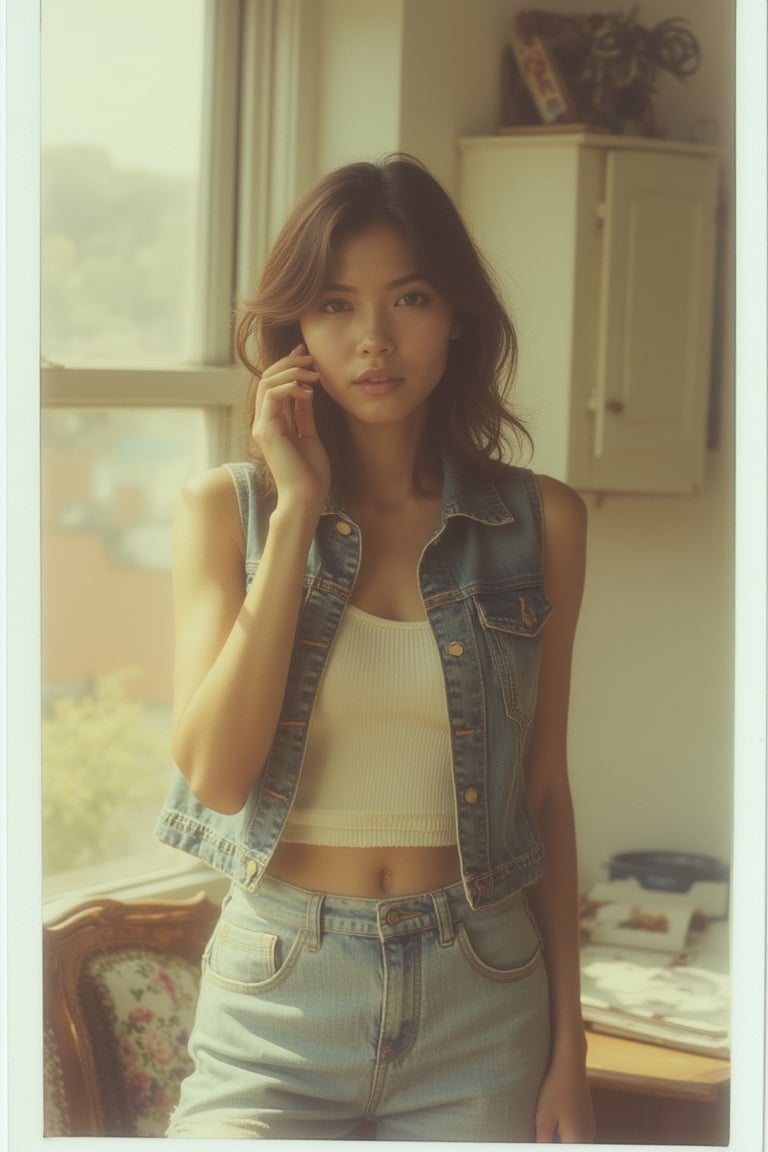 A Polaroid photo capturing a nostalgic, candid snapshot of a woman in casual dress, wearing a vest and denims. The image features soft, natural lighting, focusing on her relaxed pose and everyday attire. The composition is simple, with the casual setting adding to the nostalgic feel.