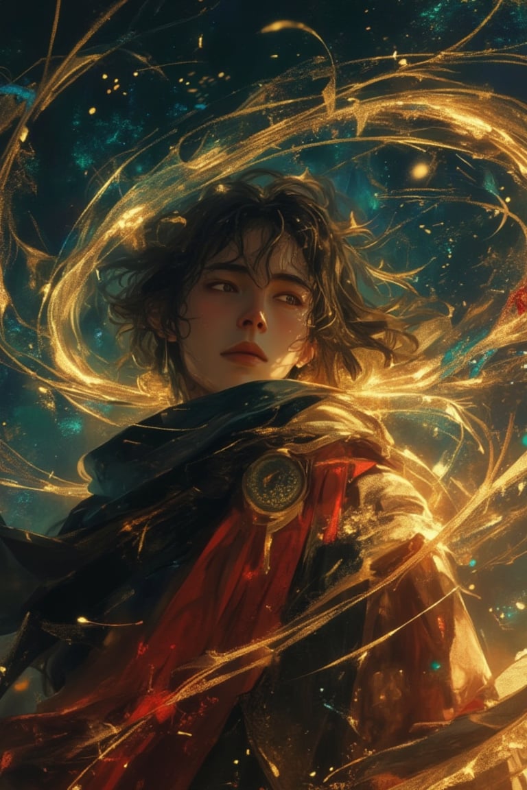 Anime-style close-up of a man standing in a windy night, surrounded by swirling magical gold elements, in a magical realism aesthetic. The scene is vibrant and detailed, with soft lighting that highlights the intricate details of the magical elements and the man's expressive eyes. The composition focuses on his face and the ethereal night sky, capturing the blend of realism and fantasy in the Niji style.,Enormous Magic Spell 