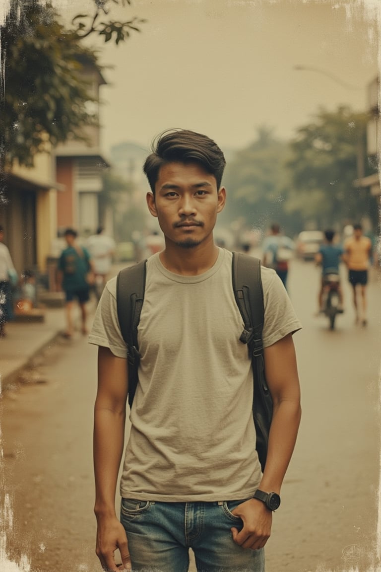 A faded old photo of a young Malay man, wearing a casual tee shirt and denim pants, with a backpack. The shot is framed in a mid-close-up, capturing his relaxed and youthful appearance, with soft, warm lighting enhancing the vintage atmosphere. The composition highlights his casual outfit and the backpack, creating a nostalgic and everyday scene. The photo's edges are slightly worn, adding to the antique charm.