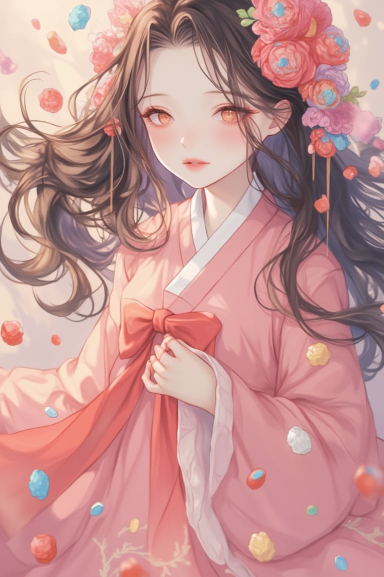 Kawacy Attire Anime Art, a girl in a whimsical hanfu surrounded by candy. The hanfu is intricately detailed, with flowing fabric and delicate patterns. The girl's expression is serene, with soft, glowing skin and gentle eyes. The candy is brightly colored and scattered around her, creating a playful, pastel-colored atmosphere. The lighting is soft and diffused, highlighting the girl's graceful beauty. The composition is balanced, with the girl centered and the candy framing her elegantly.