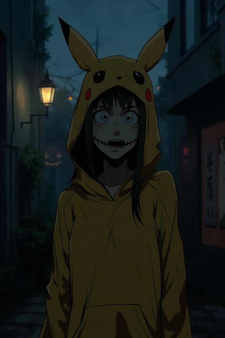 A J-horror anime scene featuring a woman wearing a Pikachu costume on a Halloween night. The woman has an eerie, almost ghostly appearance, with her wide, unsettling eyes and the Pikachu costume adding a creepy twist. The scene is set in a dark, foggy street, with Halloween decorations casting eerie shadows. The composition is centered on the woman, with the Pikachu costume and the Halloween background slightly blurred, emphasizing the unsettling atmosphere. The atmosphere is tense and foreboding, with a sense of the supernatural and the unknown.