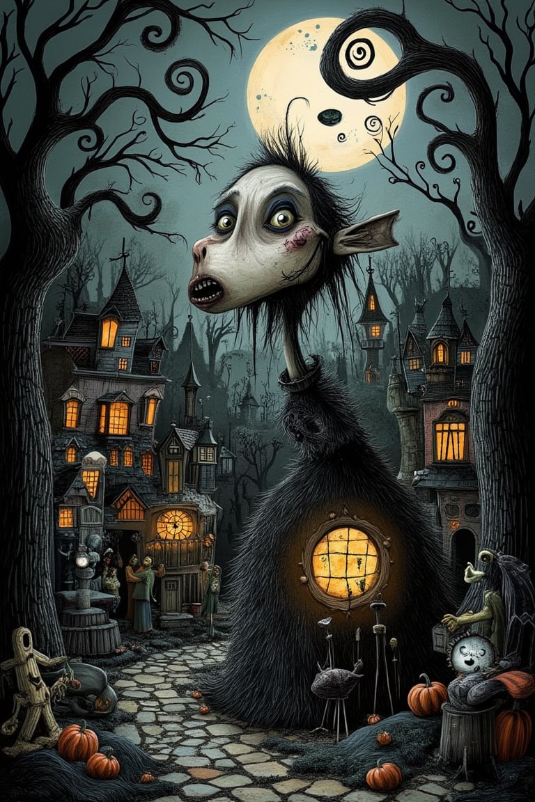 A Tim Burton-style shot of a creepy, gothic Halloween decoration. The decoration features twisted, eerie figures and dark, intricate patterns. The background is a surreal, eerie landscape with twisted trees and a full moon. The lighting is dramatic, with strong contrasts between light and shadow. The composition is centered, focusing on the decoration's mysterious and unsettling details. The scene is filled with a sense of foreboding and whimsy, typical of Tim Burton's style.