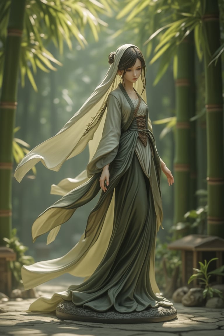 A detailed figurine of a woman standing in a bamboo forest, wearing a flowing veil that dances in the breeze. The scene is set amidst tall bamboo stalks, with sunlight filtering through the leaves, casting dappled shadows on the ground. The lighting is soft and natural, highlighting the woman's serene expression and the intricate details of her attire. The composition is centered, with the woman's veil partially covering her face, capturing the essence of mystery and tranquility.