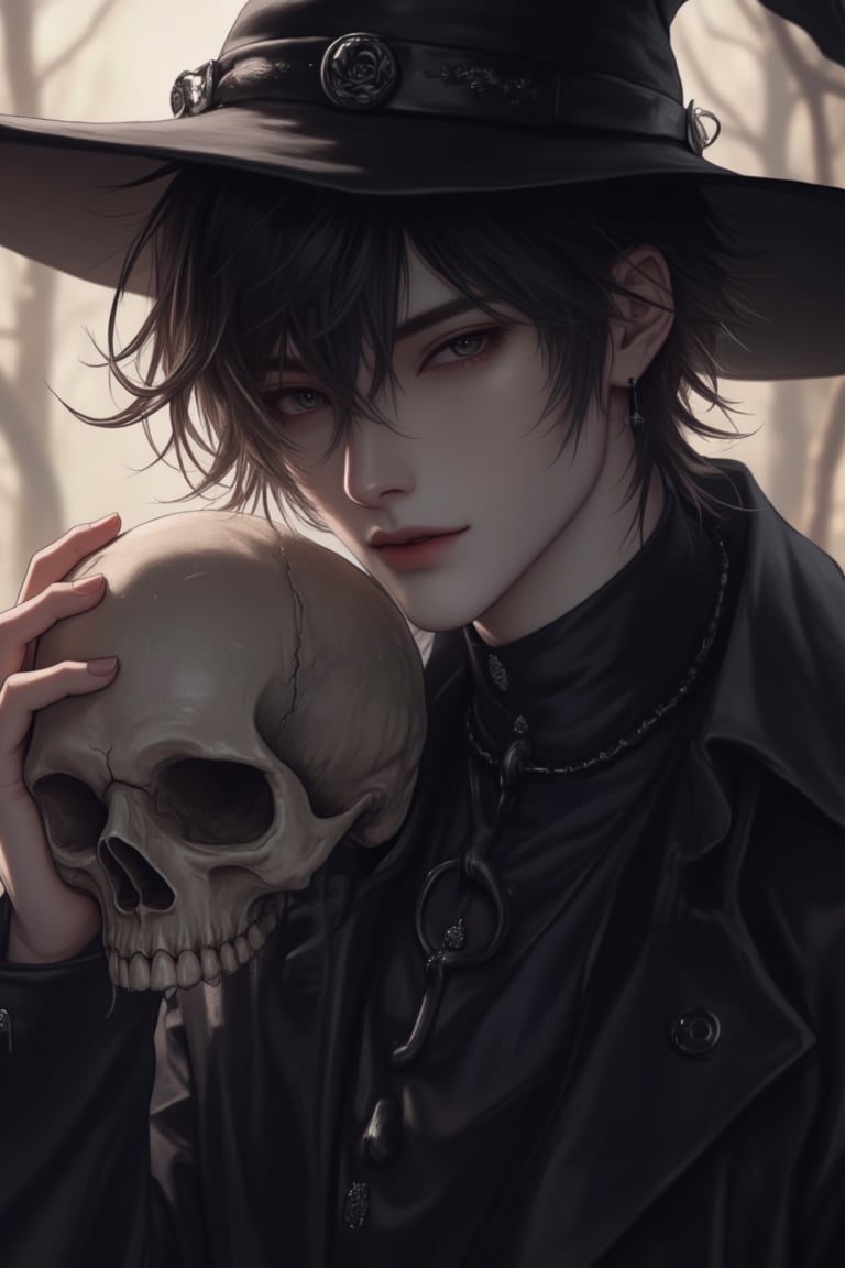 Anime style, exquisite male character, handsome witch, wearing black witch attire, medium shot, detailed facial features, expressive eyes, mysterious atmosphere, holding a skull, soft ambient lighting, focus on the character's enchanting and enigmatic presence, intricate details in the witch costume, slight tilt of the head, emphasis on the skull and witch attire.