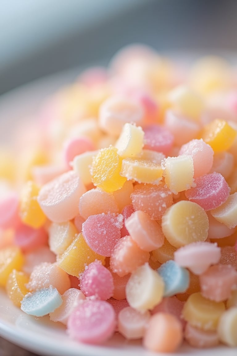 Macro photography style, shallow depth of field, close-up shot of pastel-colored candy, sharp focus on the intricate details and textures, soft natural lighting, detailed patterns and colors, high detail, realistic texture, vibrant pastel tones, indoor setting with a blurred background, intimate composition.