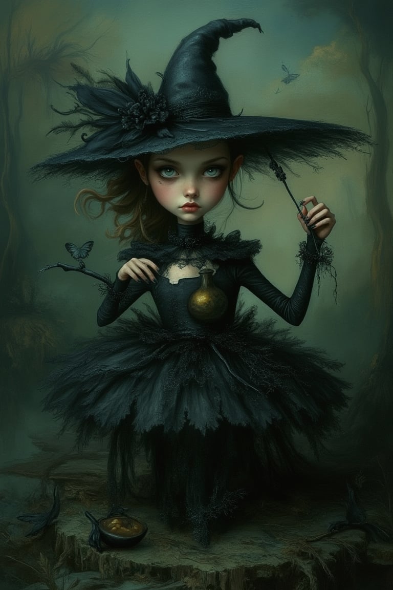 A whimsical scene inspired by Nicoletta Ceccoli and Daria Petrilli, featuring a witch holding a magic stick and potion. The composition is framed mid-shot, capturing her elegant pose and the intricate details of her attire. The lighting is soft and eerie, casting a mysterious glow on the scene. The background is a fantastical, surreal landscape with dark, mystical elements, emphasizing the supernatural atmosphere. The witch's expression is focused and intense, as she wields her magic stick and potion with otherworldly grace.