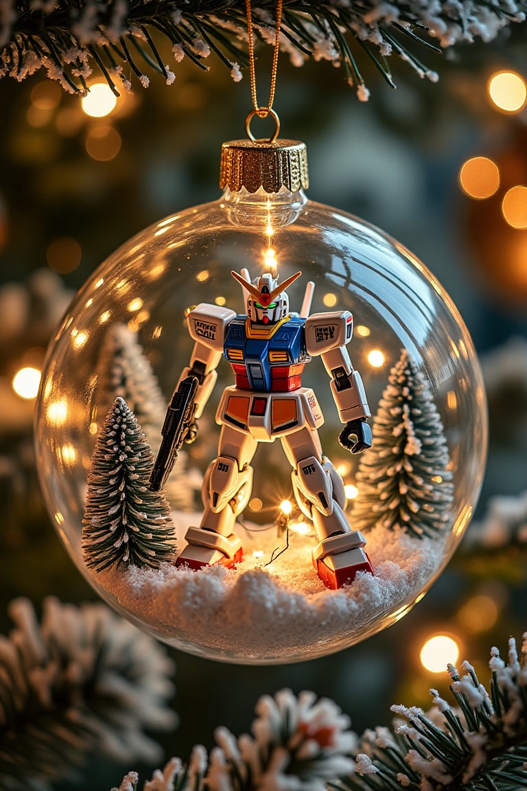 A detailed Christmas ball,  featuring Gundam toys inside,  with twinkling lights. The scene is framed close-up by Orked Or...
