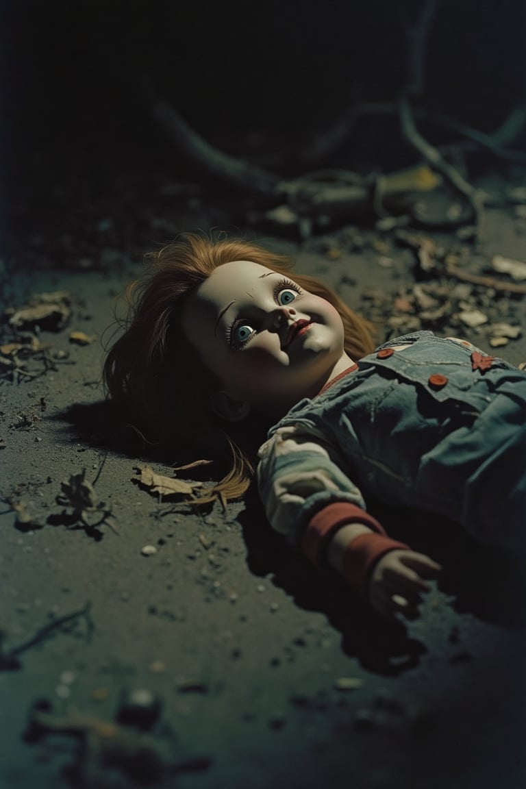 Photo-realistic 60's style of a gloomy scene featuring a creepy doll lying on the ground, dimly lit with shadows cast by a single light source. The ground is cluttered with old, decaying leaves and debris. Close-up shot, low-key lighting, emphasizing the eerie atmosphere. The doll's face is partially obscured by shadows, its eyes wide and unsettling. The scene is filled with dark, foreboding elements, adding to the haunting mood.