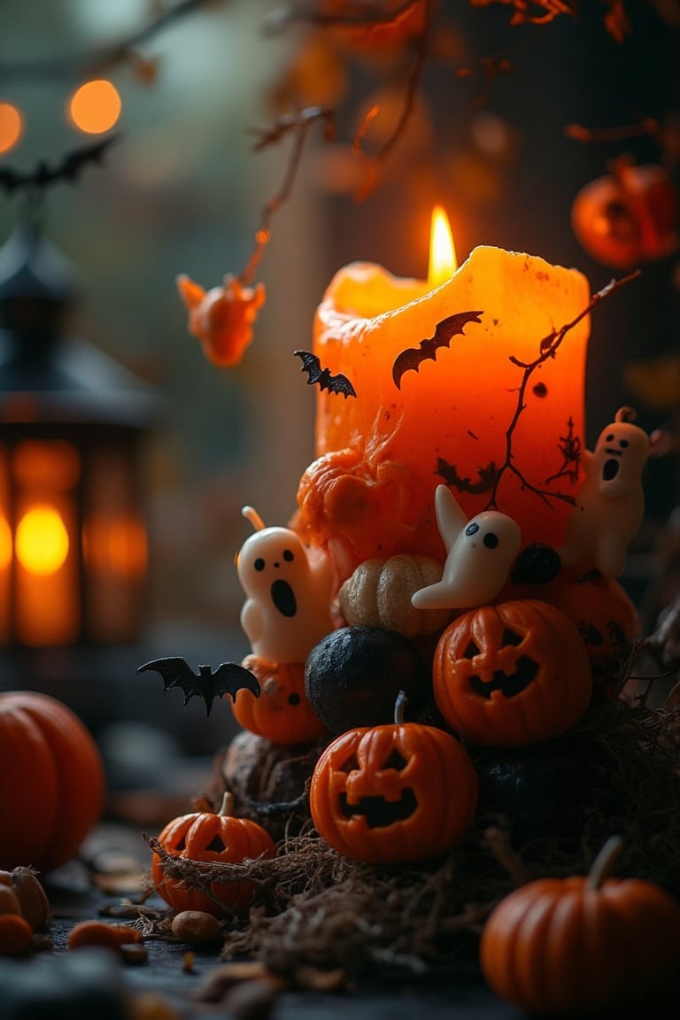 A DSLR-quality image of a decorative Halloween candle. The candle is intricately designed, with spooky motifs like pumpkins, bats, and ghosts. The composition captures the candle from a close-up angle, highlighting its detailed craftsmanship and vibrant colors. The lighting is soft and warm, casting a gentle glow around the candle. The background is minimal, focusing attention solely on the decorative piece. The scene exudes a festive, Halloween atmosphere, with the candle as the central subject.