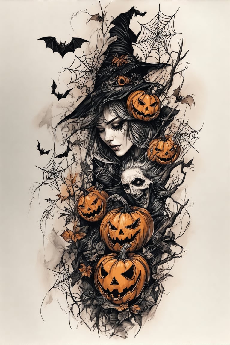 A colorized tattoo art style image featuring a halloween-themed scene with creepy and spooky elements. The tattoo includes eerie pumpkins, bats, cobwebs, and a ghostly figure. The design is intricately detailed, capturing the eerie atmosphere of Halloween. The composition is dynamic, with the elements flowing and intertwining to create a sense of dread. The lighting is dark and moody, emphasizing the horror elements. The subject's body is tensed, showcasing the bold and detailed tattoo.