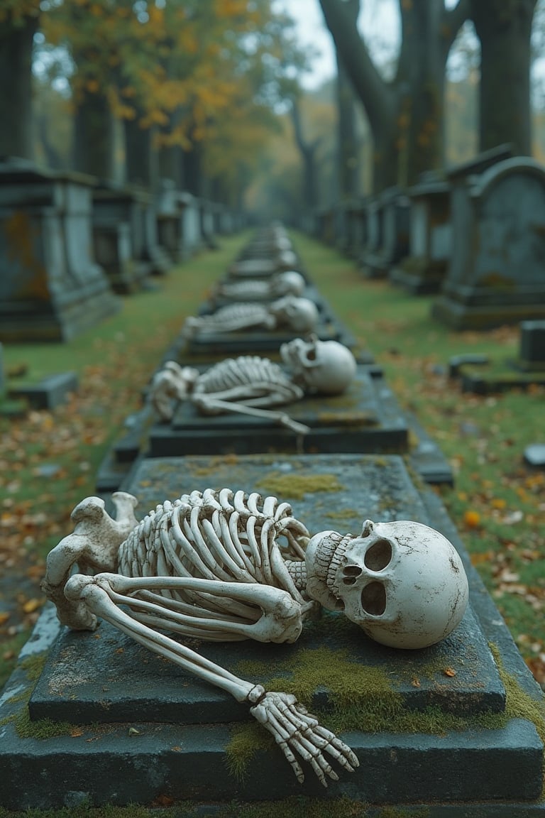 A detailed scene of a skeleton laying down on a moss-covered tombstone in a quiet graveyard. The graveyard is serene with tall, ancient trees and rows of weathered tombstones. The skeleton's bony fingers are crossed over its chest, and its skull is resting on the tombstone, giving a sense of rest. The composition is centered on the tombstone, with the graveyard extending symmetrically on both sides. Soft, natural lighting enhances the peaceful atmosphere, highlighting the skeleton's intricate bone structure and the timeless beauty of the graveyard.