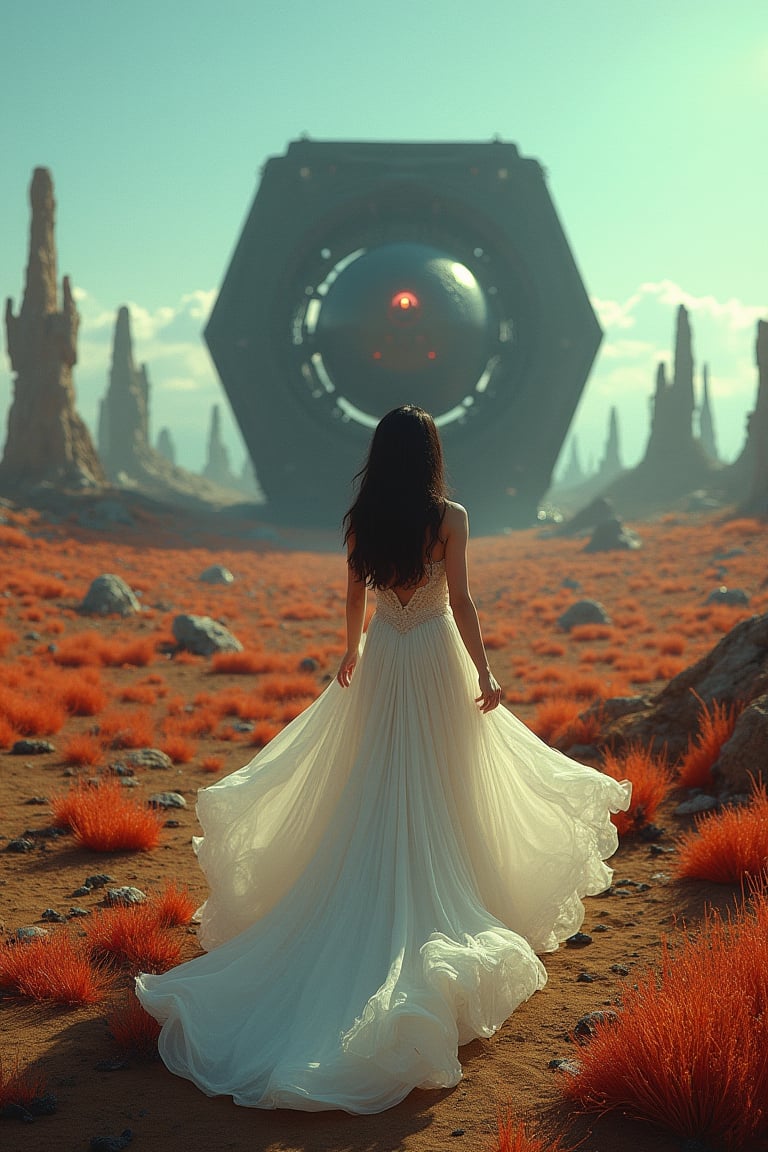 A regal woman in a flowing, ethereal gown walks towards a cube-shaped alien transport ship on a weird, otherworldly field. The scene is framed in a wide shot, capturing the surreal landscape with its vibrant, strange formations. The lighting is otherworldly, casting an eerie glow. The woman's gown billows as she moves, her posture confident and composed. The composition emphasizes the contrast between the woman's elegance and the bizarre environment, creating a sense of wonder and mystery.