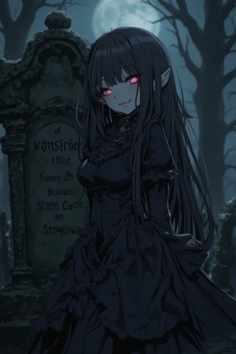 A dark, gothic anime scene with a Nightcore aesthetic. The girl has long, flowing hair and is dressed in a dark, ornate Victorian-style dress. She stands in a dimly lit, eerie graveyard, leaning against a creepy tombstone with moss-covered inscriptions. The girl is smiling mischievously, her eyes glowing with a sinister light. The composition is centered on her, with the background slightly blurred to emphasize her presence. The lighting is moody, with deep shadows and a hint of moonlight breaking through the canopy.