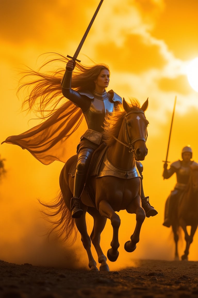 Cinematic warm lighting, a female knight with golden blond hair, mounted on a horse, charging towards the camera with a sword raised high. The shot is framed wide, capturing the intensity of her movement and the dynamic action. The composition emphasizes her fierce expression and the gleaming armor, set against a dramatic, sunlit battlefield. The horse's powerful stride and the windswept hair add to the epic, heroic atmosphere.