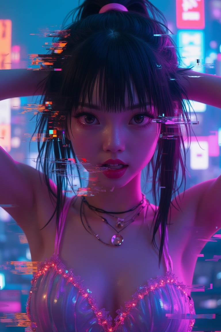 A harajuku girl with glitch art effects distorting her appearance, wearing neon-glowing clothing, standing in a vibrant, futuristic cityscape. The scene is framed with a close-up shot, focusing on her expressive eyes and animated facial expressions. The lighting is a mix of neon blues and purples, casting a surreal glow on her face and outfit. Her pose is dynamic, with her arms raised in a playful gesture, surrounded by digital artifacts and pixelated distortions.