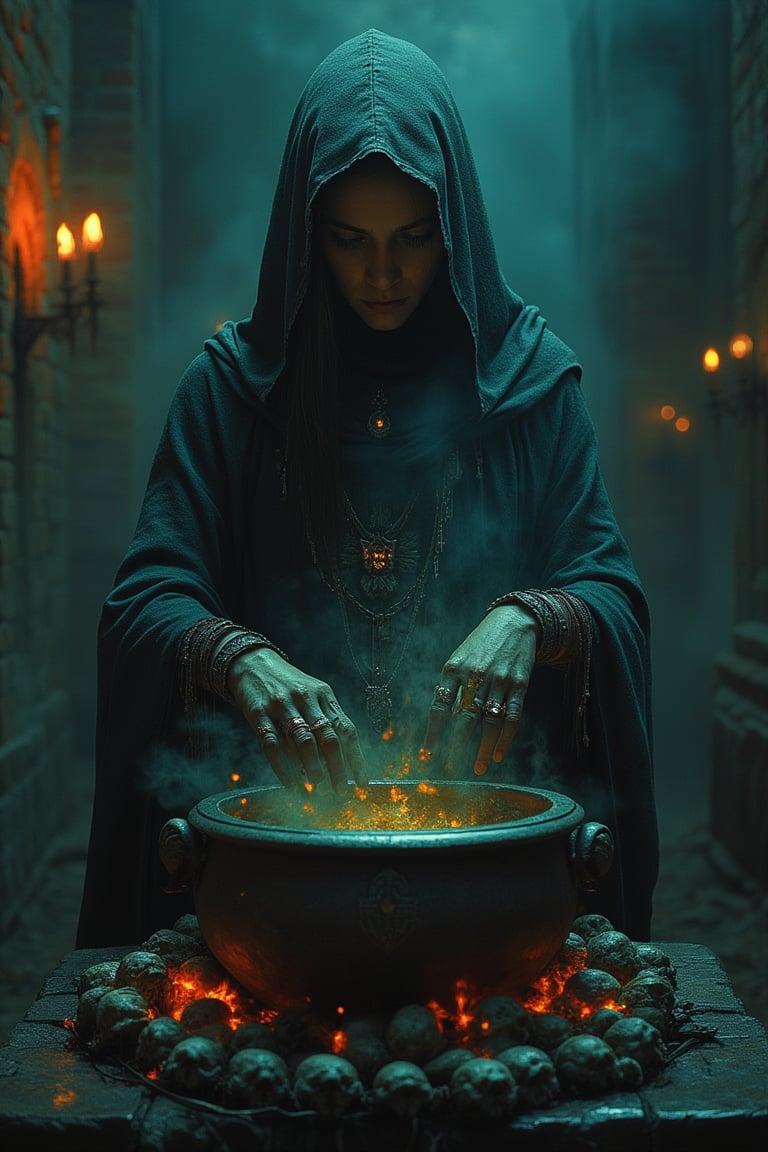 A witch stands in a dimly lit, eerie chamber, surrounded by countless skulls and arcane symbols. She meticulously mixes a glowing, ominous potion in a giant cauldron, her hands adorned with rings and talismans. The cauldron's contents bubble and swirl with a sinister energy, casting an eerie light on the witch's determined face. The scene is framed with a close-up shot, capturing the witch's focused expression and the dark, mystical atmosphere of her surroundings.