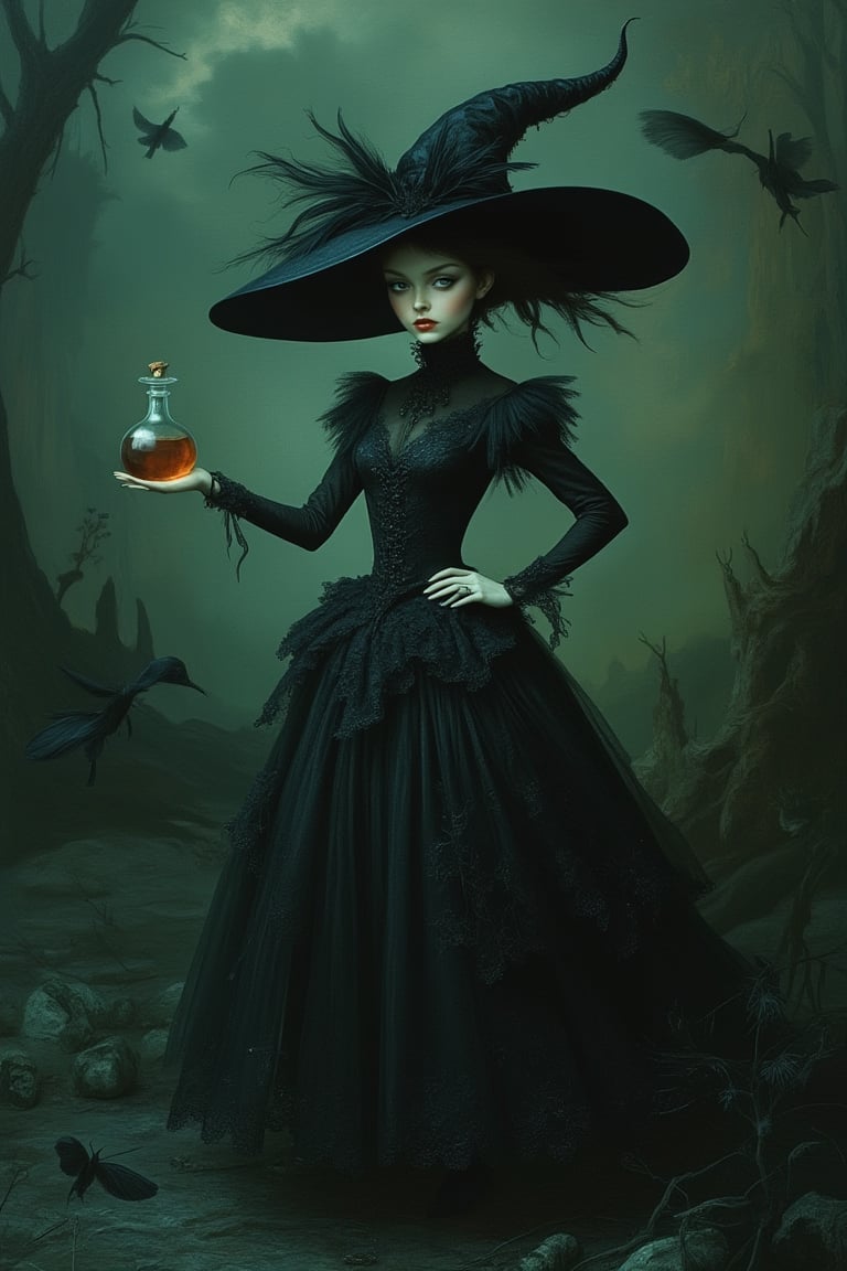 A whimsical scene inspired by Nicoletta Ceccoli and Daria Petrilli, featuring a witch holding a magic stick and potion. The composition is framed mid-shot, capturing her elegant pose and the intricate details of her attire. The lighting is soft and eerie, casting a mysterious glow on the scene. The background is a fantastical, surreal landscape with dark, mystical elements, emphasizing the supernatural atmosphere. The witch's expression is focused and intense, as she wields her magic stick and potion with otherworldly grace.